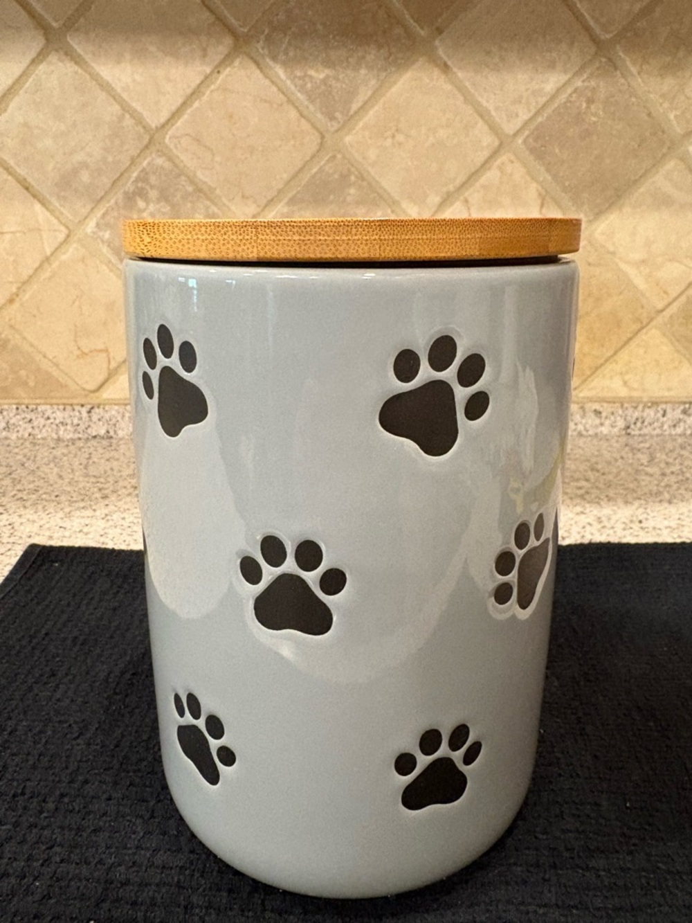 Signature Light Gray Ceramic Paw Canister with Bamboo Rim
